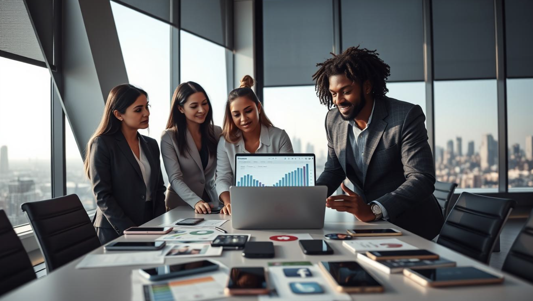 4 pessoas em uma reuniao analisando resultados
